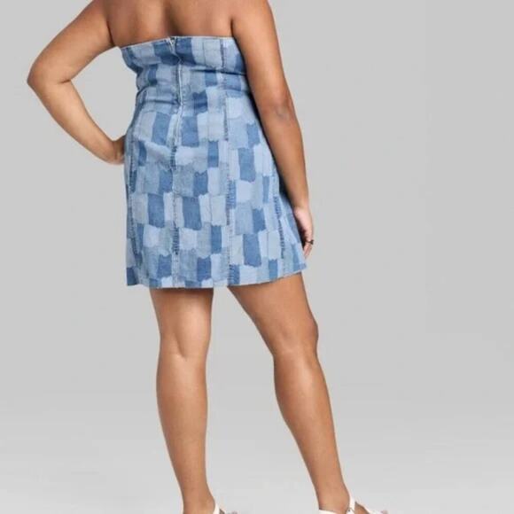 NWT Wild Fable Strapless Mini Tube Dress Womens XXL Blue Denim Patchwork Retro - Picture 2 of 5